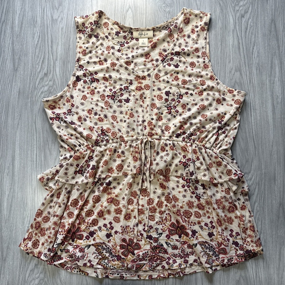 Style & Co Women's Sleeveless Floral Blouse Size L Elevated Boho Cottagecore